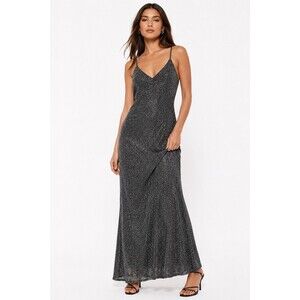 Mango Metallic Knit Maxi Dress Silver Black Sparkle Cami Party Evening S NWT